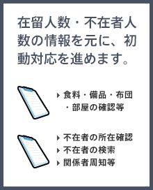 在留人数・不在者人数の情報を元に、初動対応を進めます。・食料・備品・布団・部屋の確認等・不在者の所在確認・不在者の検索・関係者周知等